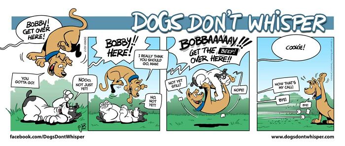 Comic strip with dogs playfully interacting; a chase with humorous dialogue ensues.
