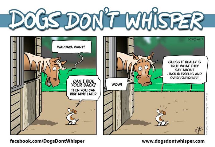 Comic strip featuring a confident dog talking to a horse, with text highlighting humor in dogs and their personalities.
