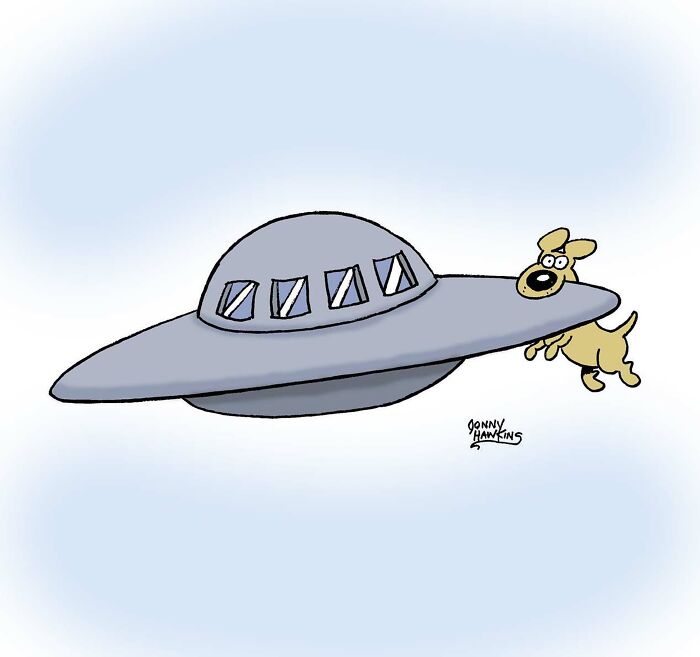 Cartoon dog hanging onto a flying saucer with windows, in a humorous dog comics style from Bored Panda community.