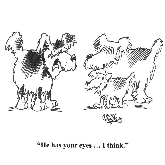 Comic featuring dogs with one saying to the other, "He has your eyes... I think."