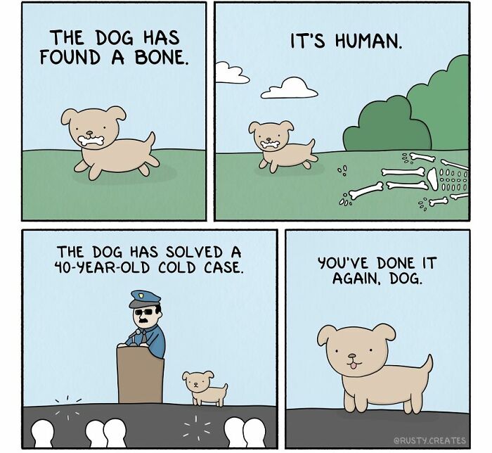 Dog in comic finds bone, solves cold case, while officer and audience are impressed.