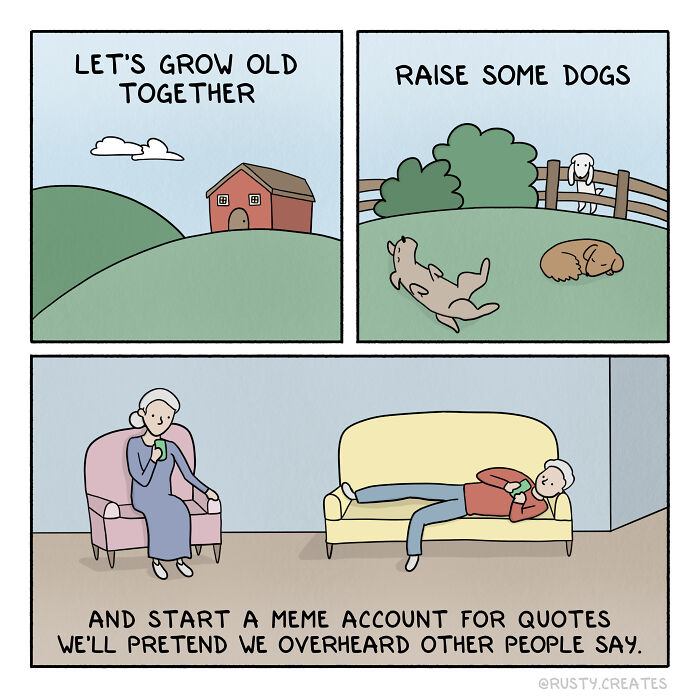 Comic strip featuring dogs, a couple's life plan: raising dogs, starting a meme account, and sharing overheard quotes.