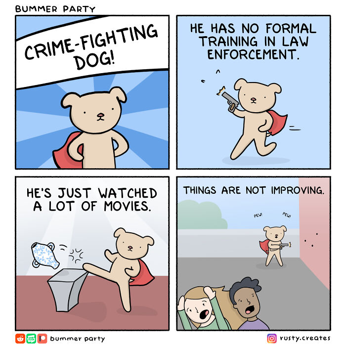 Cartoon dog in comics wearing a cape, pretending to fight crime with a toy gun, while people react humorously.