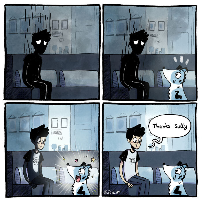 Comic showing a tired person cheered up by a happy dog, featuring dog comics that made us smile from the Bored Panda community.