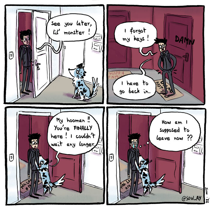 Dog in comic strip with owner leaving, returning for forgotten keys, greeted joyfully by the dog again.