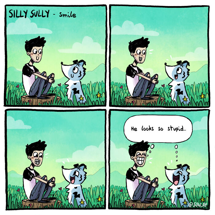 Comic strip of a dog smiling at a seated man, with playful banter in a grassy setting.