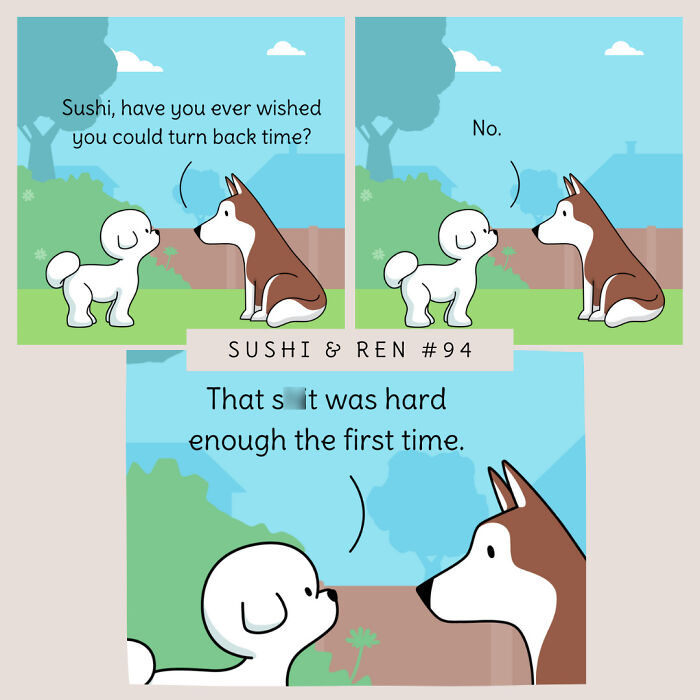 Two cartoon dogs discussing time travel in comic strip.