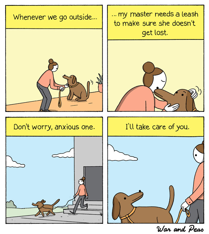 Dog comic showing a woman putting a leash on her dog and reassuring the anxious pet during their walk.