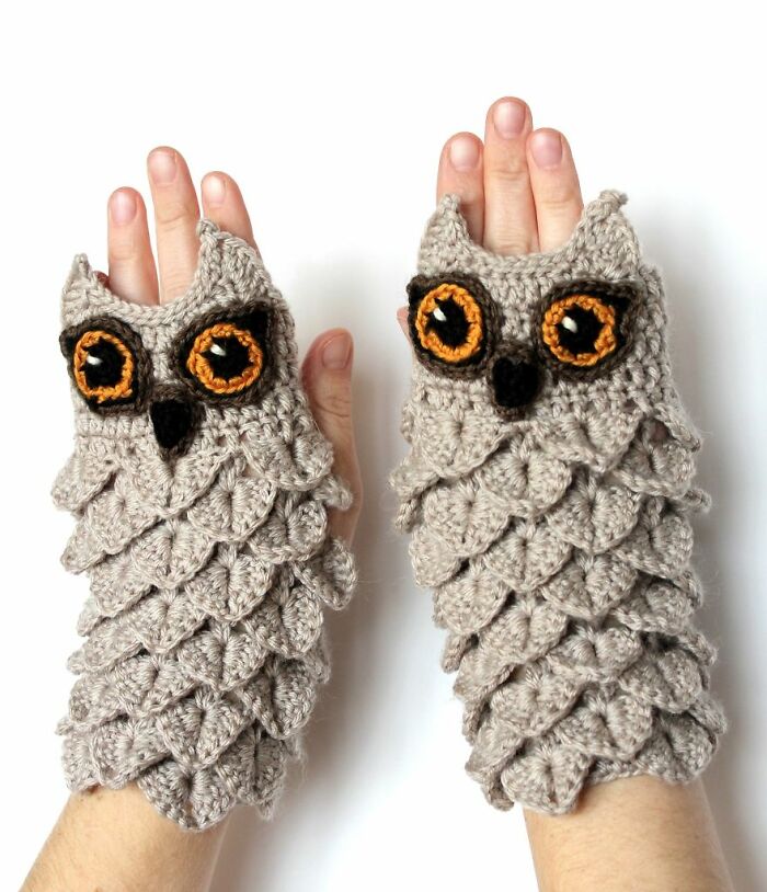 Owl-shaped crochet embroidery gloves showcasing intricate stitch patterns on hands.