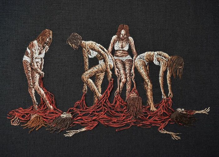 Five women in intricate embroidery, symbolically interacting with red threads on a dark background.