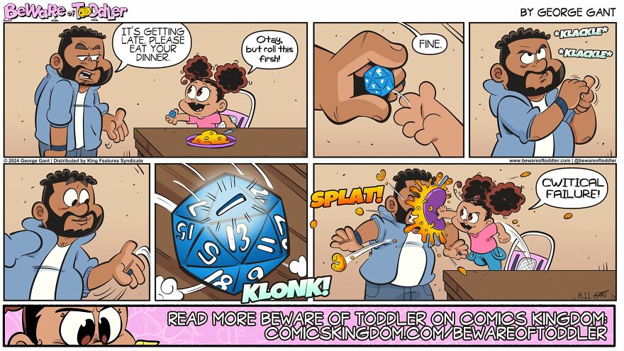 Comic strip showing a stay-at-home parent playing tabletop games with a toddler and getting a pie in the face.