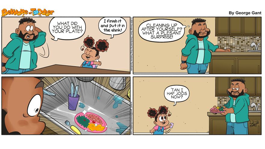 Comic strip showing a stay-at-home parent surprised by child cleaning up and putting dishes in the sink.