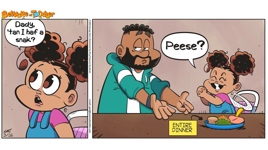 Comic panel showing a stay-at-home parent and child humorously interacting over dinner with playful dialogue.
