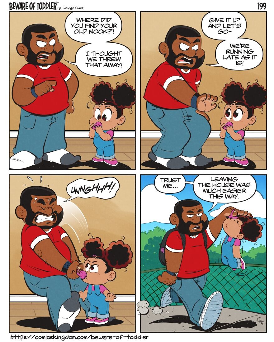 Comic strip showing stay-at-home parent humor with a toddler, depicting the challenges of leaving the house on time.