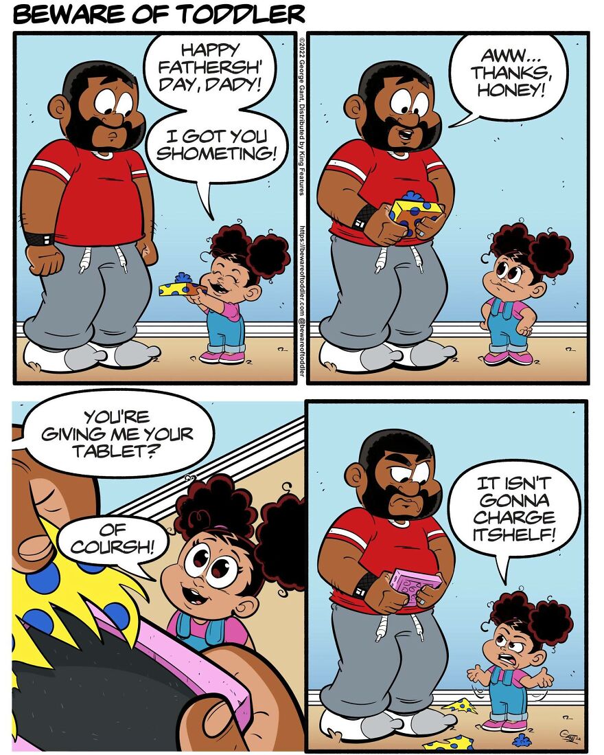 Comic strip showing a stay-at-home parent receiving a toddler's funny gift with a tablet and charger.