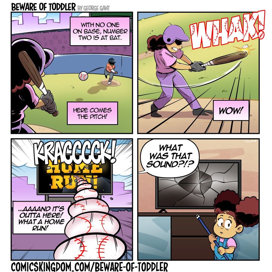 Hilarious comic panels showing a stay-at-home parent dealing with toddler chaos during a baseball game moment.