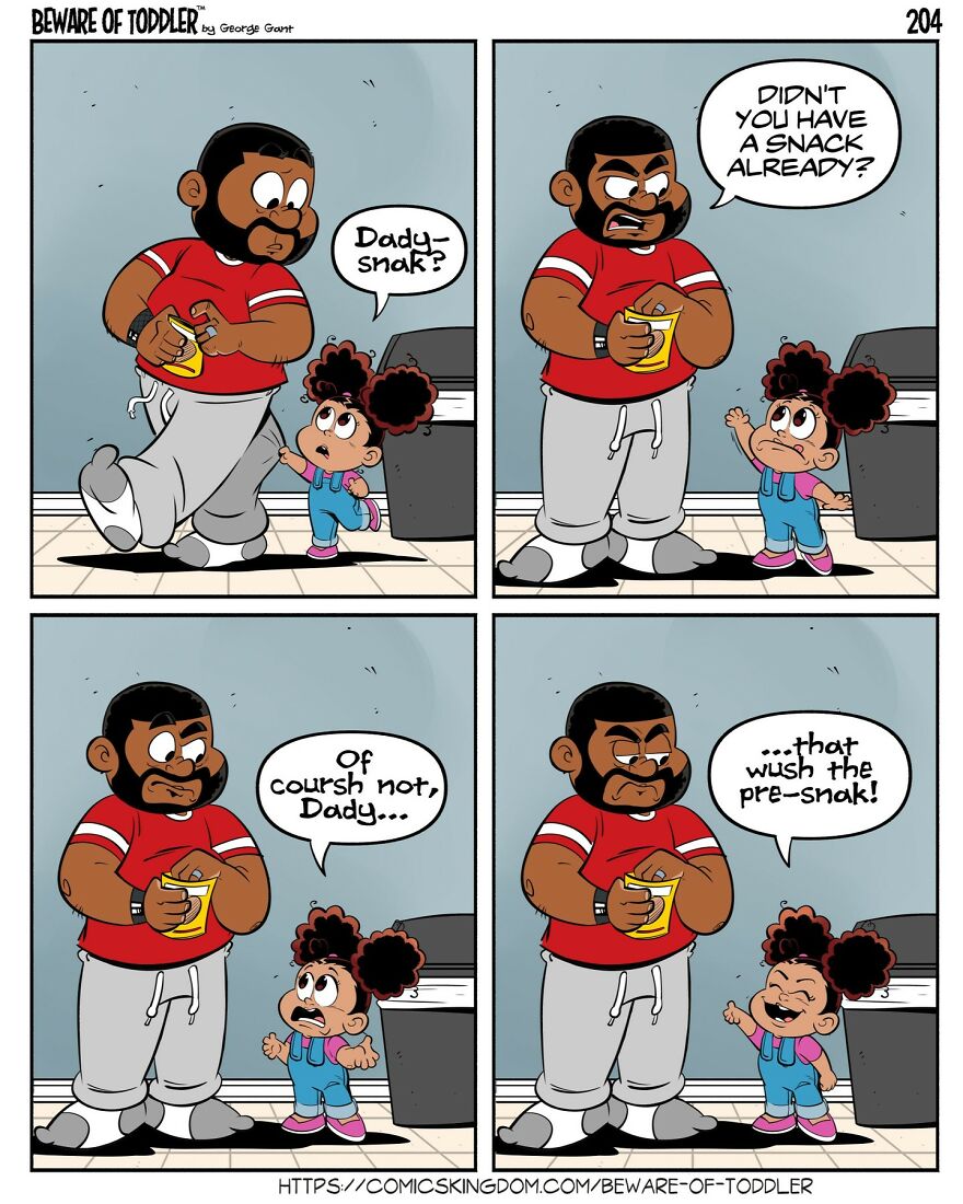 Comic strip showing a stay-at-home parent and toddler humorously discussing snack times in daily parenting life.