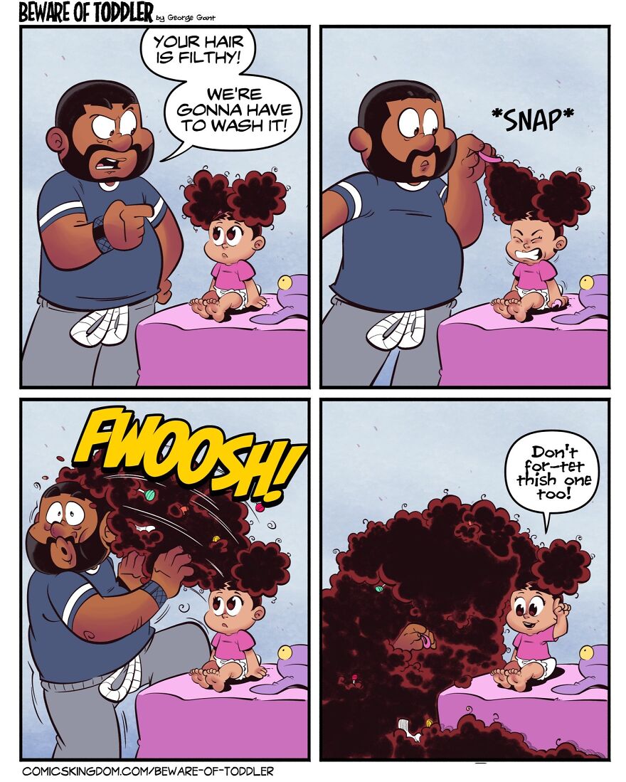 Hilarious comic by stay-at-home parent showing messy toddler hair and chaotic hair-washing experience in four panels.