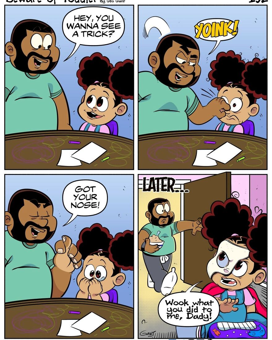 Comic strip by a stay-at-home parent showing a funny moment with a child and a classic got your nose trick.