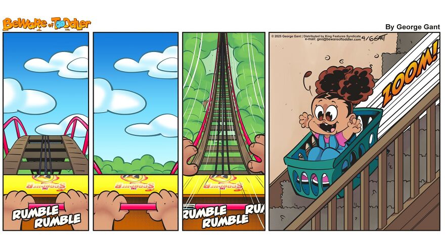 Comic panels showing a child enjoying a laundry basket ride down stairs, illustrating stay-at-home parent experiences humor.