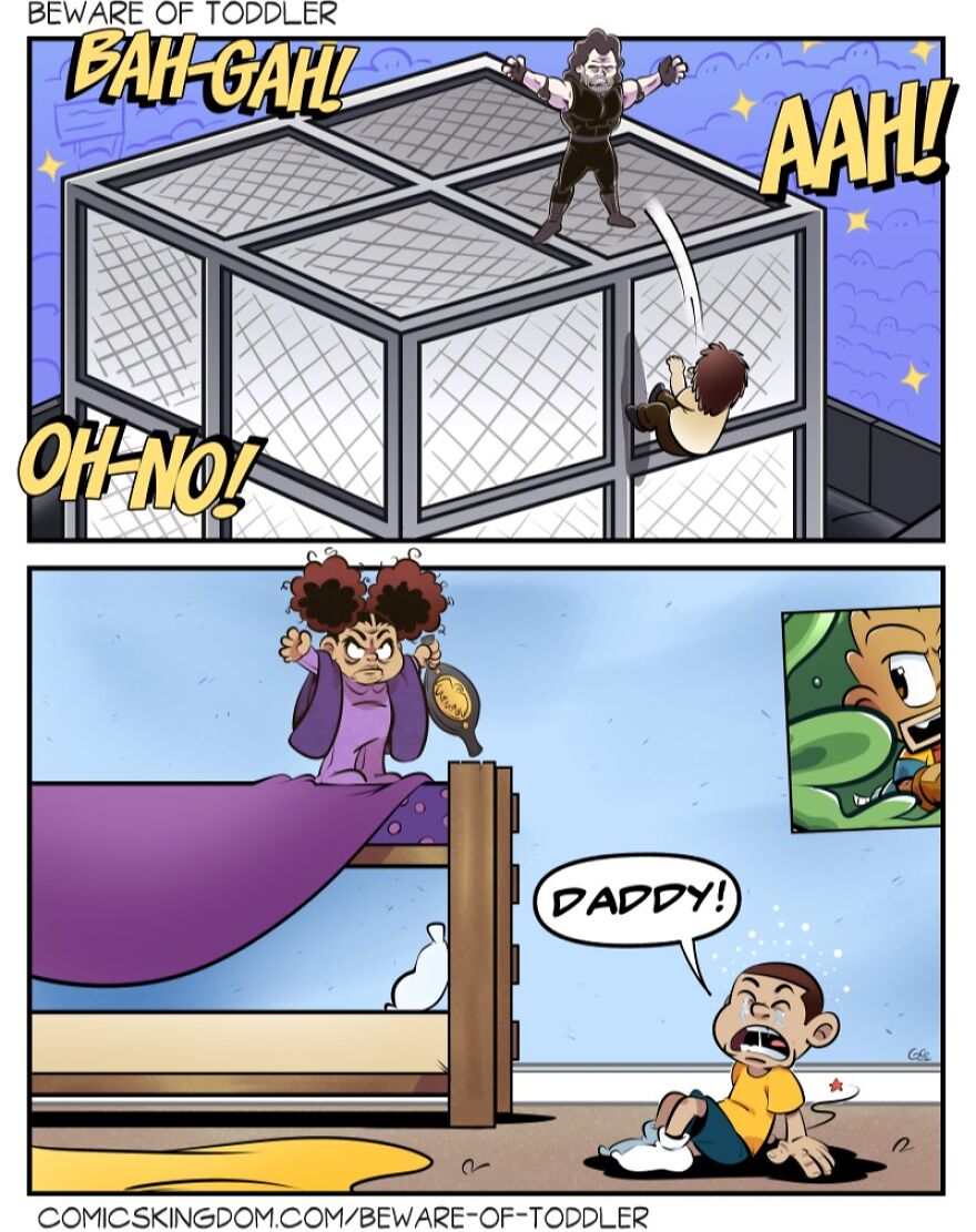 Comic panels depicting a stay-at-home parent’s humorous experiences with toddlers, featuring playful chaos and exaggerated reactions.