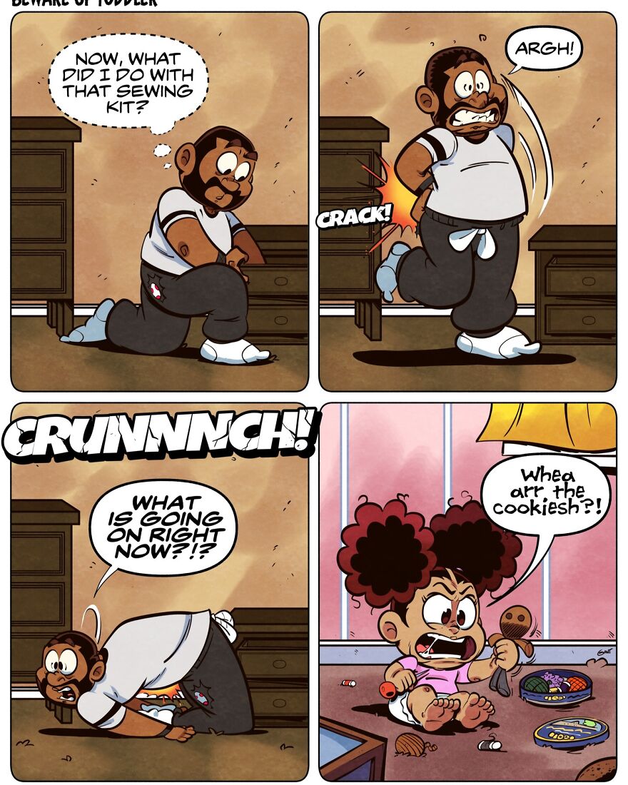 Hilarious comics showing stay-at-home parent’s funny experience with toddler causing chaos at home.