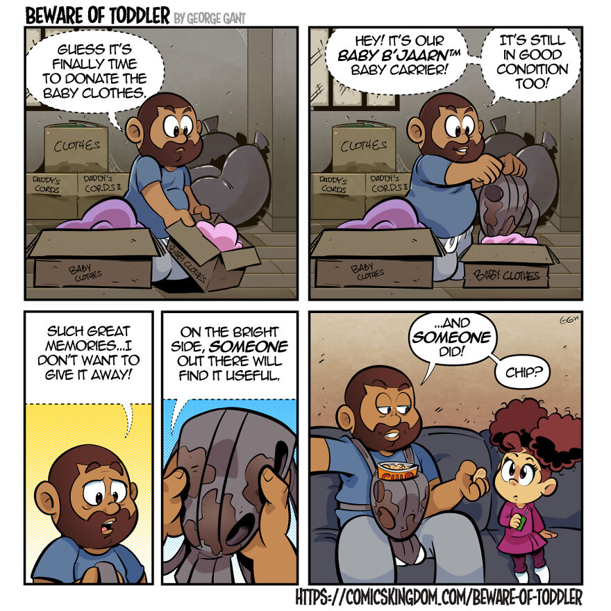 Comic artist humorously packing baby clothes, capturing relatable moments of stay-at-home parenting and toddler memories.