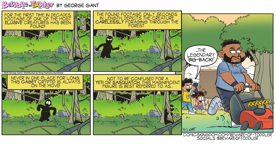 Comic strip depicting stay-at-home parent experiences with humorous moments and family life in a backyard setting.