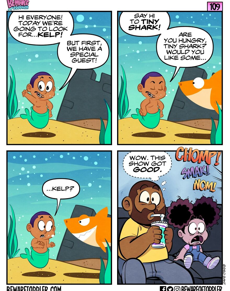 Comic strip showing a stay-at-home parent’s humorous experiences with kids and imaginative underwater adventures.