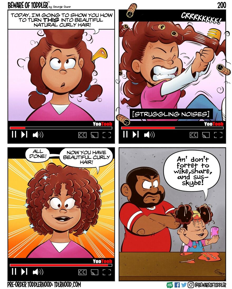Comic panels showing a stay-at-home parent struggling to style natural curly hair in a humorous parenting moment.