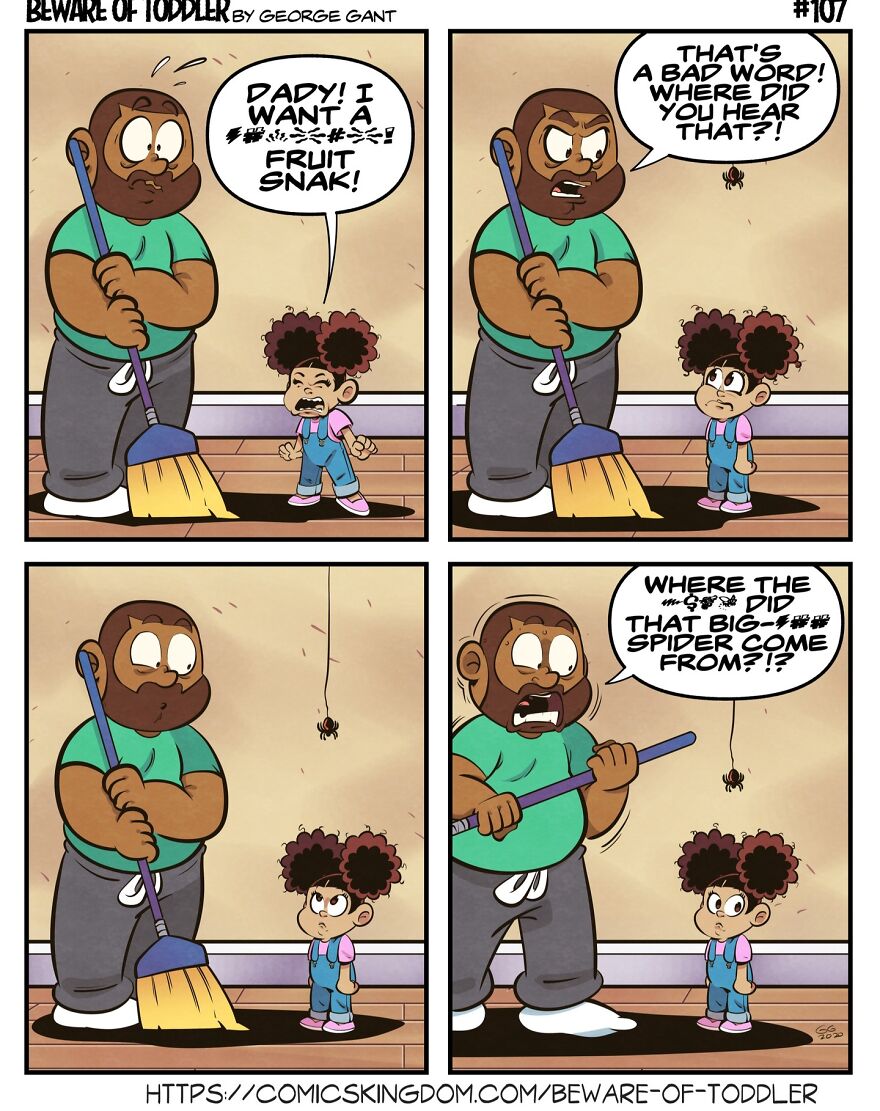 Stay-at-home parent comic showing dad handling toddler chaos and a surprise spider encounter with humor.