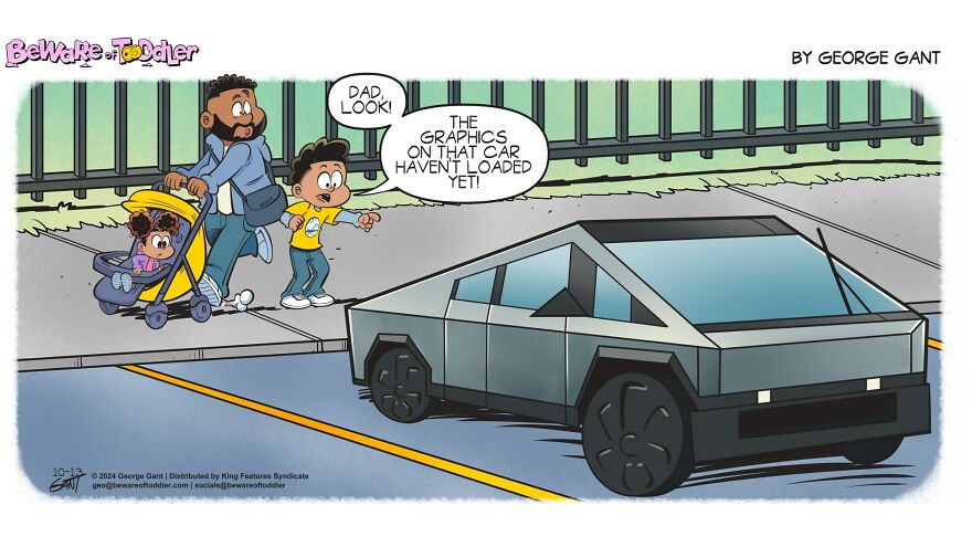 Stay-at-home parent and kids noticing a car that looks like a video game with graphics not loaded yet in a comic panel.