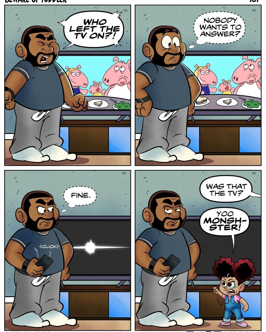 Cartoon of a stay-at-home parent dealing with toddler mischief and turning off the TV in a humorous comic strip.