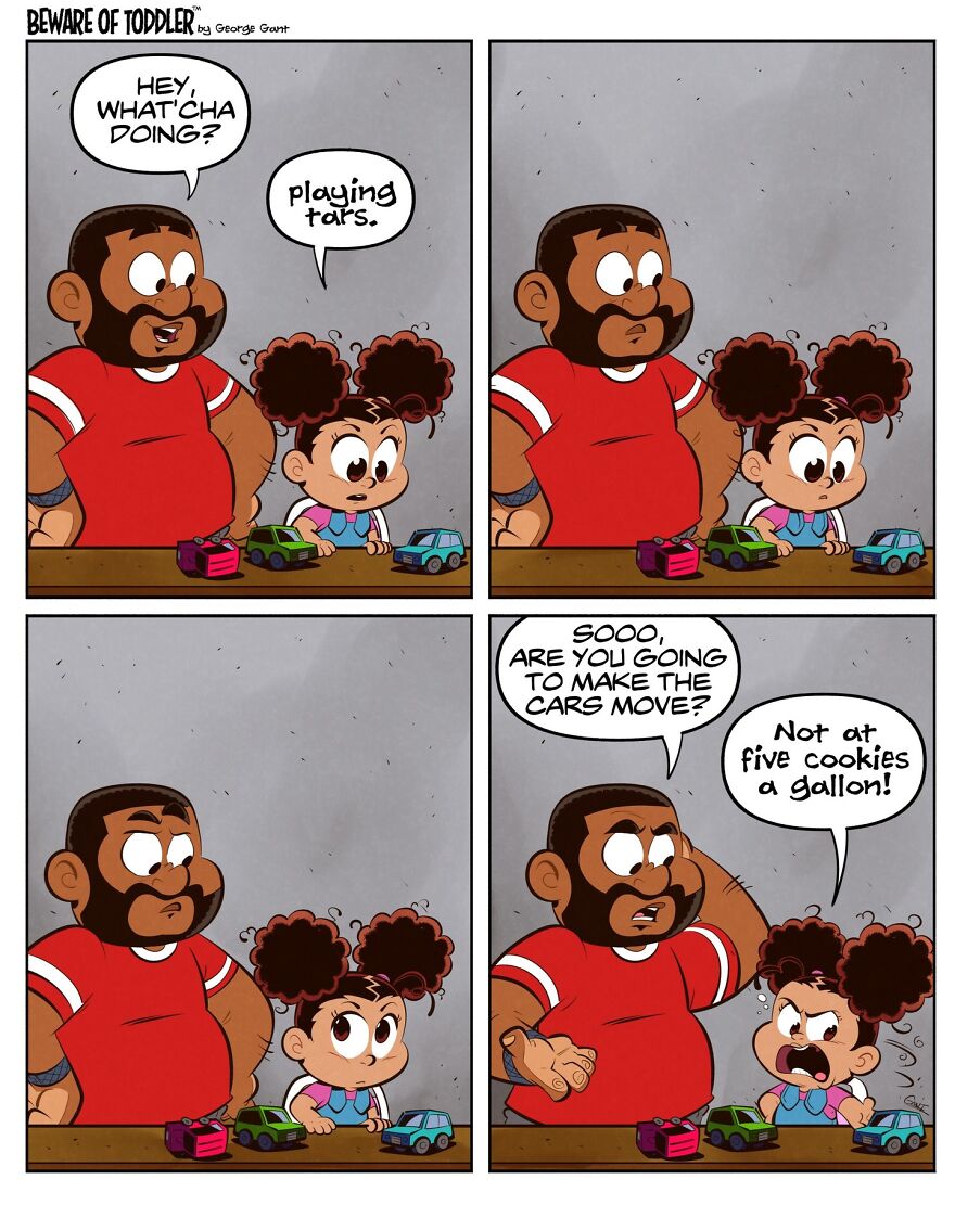 Comic panel showing a stay-at-home parent interacting humorously with a toddler playing with toy cars.