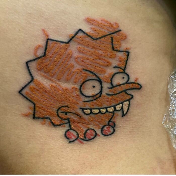 Bizarre Simpsons tattoo with exaggerated features and rough outlines, showcasing a unique artistic style.