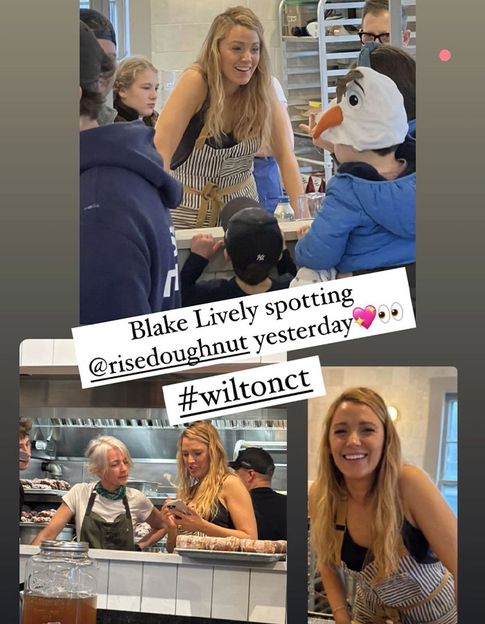 Blake Lively at a donut shop, engaging with customers in an apron.