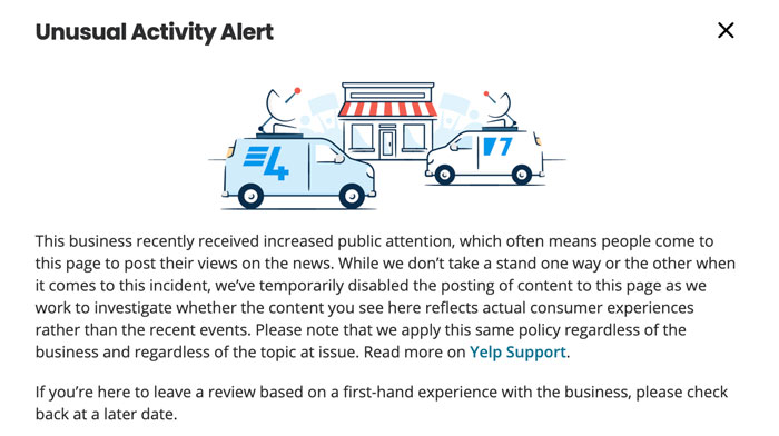 Yelp unusual activity alert due to a "toxic" PR stunt at a donut shop sparking a health department investigation.