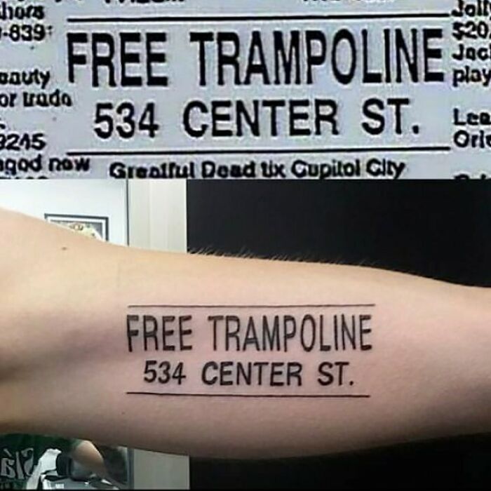 Tattoo of a "Free Trampoline" ad from The Simpsons, featuring text saying 534 Center St.