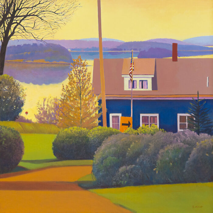 Quiet street painting with sunlit window, featuring a blue house, flag, and scenic view by Susan Abbott.