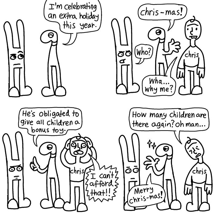 Comic with cartoon characters humorously discussing an extra holiday, blending absurdity and wit.