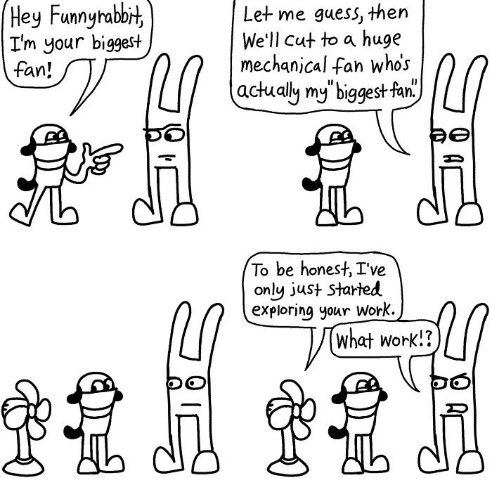 Comics by Boring World Comics featuring characters humorously discussing fandom and work.