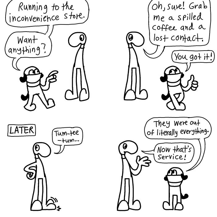 Two cartoon characters in a comic by Boring World Comics, highlighting absurdity and wit about visiting an "inconvenience" store.