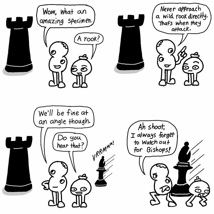 Two characters humorously discuss chess pieces in a witty comic by Boring World Comics.