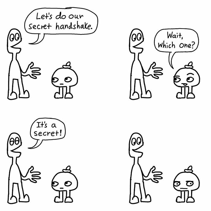 Characters in Boring World Comics discussing an absurd secret handshake with humorous expressions.