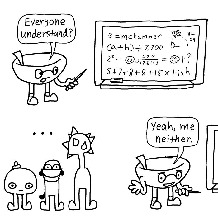 Comic by Boring World Comics featuring absurd equations on a board and confused characters.