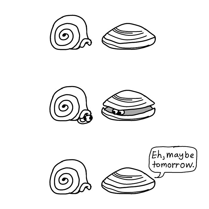 Snail and clam comic by Boring World Comics, showcasing humor with the clam saying, "Eh, maybe tomorrow."