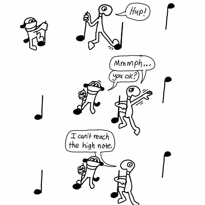 Two characters humorously interact, struggling to reach musical notes, depicted in a Boring World Comics style.