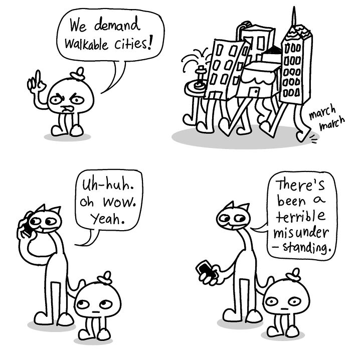 Comic strip by Boring World Comics where buildings mistakenly walk like people demanding walkable cities.