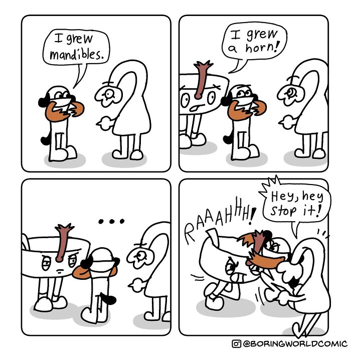 Comic characters humorously display absurd changes, exchanging barbs with wit and surprise.