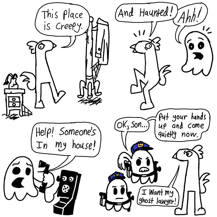 Comic featuring a ghost calling for help in a humorous, absurd scenario with a chicken character and police chickens.